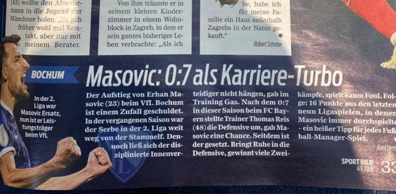 Nemački novinari puni hvale za bivšeg igrača Čukaričkog Erhana Mašovića: Uneo je smirenost u odbranu Bohuma--